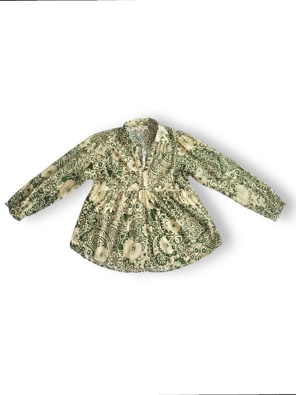 Umgee Beige & Green Paisley Babydoll Puff Sleeve Tunic Blouse | Size M